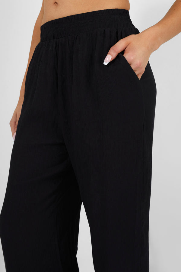 CRINKLE ELASTICATED WAIST WIDE LEG TROUSERS BLACK