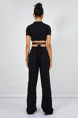 CRINKLE ELASTICATED WAIST WIDE LEG TROUSERS BLACK