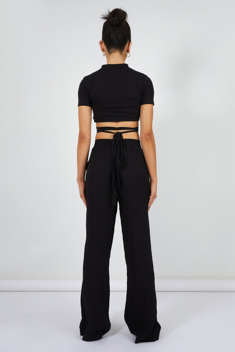 CRINKLE ELASTICATED WAIST WIDE LEG TROUSERS BLACK