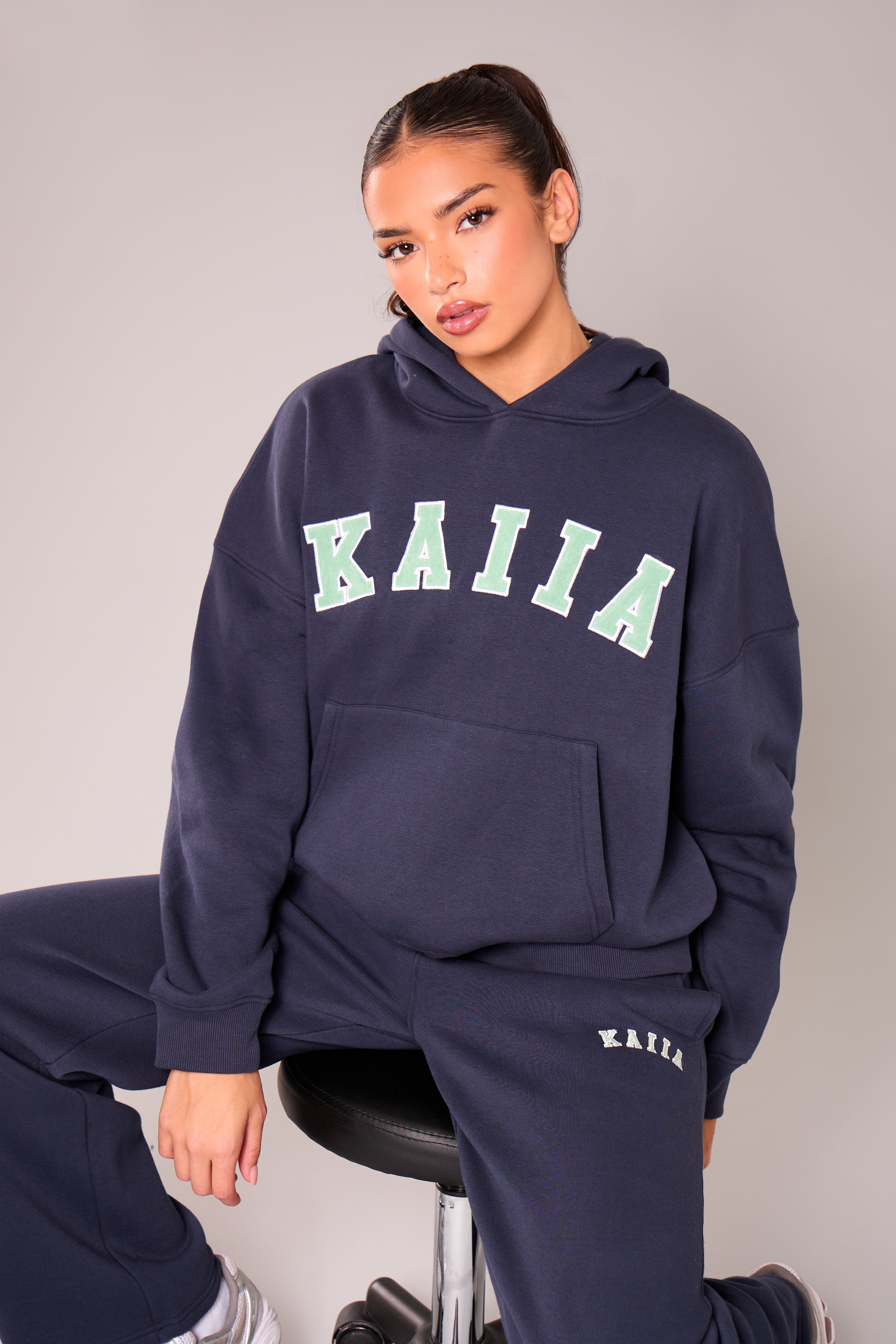 Kaiia Slogan Oversized Hoodie Navy & Green | Kaiia