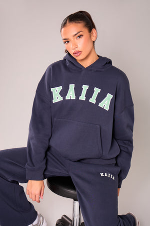 Kaiia Slogan Oversized Hoodie Navy & Green