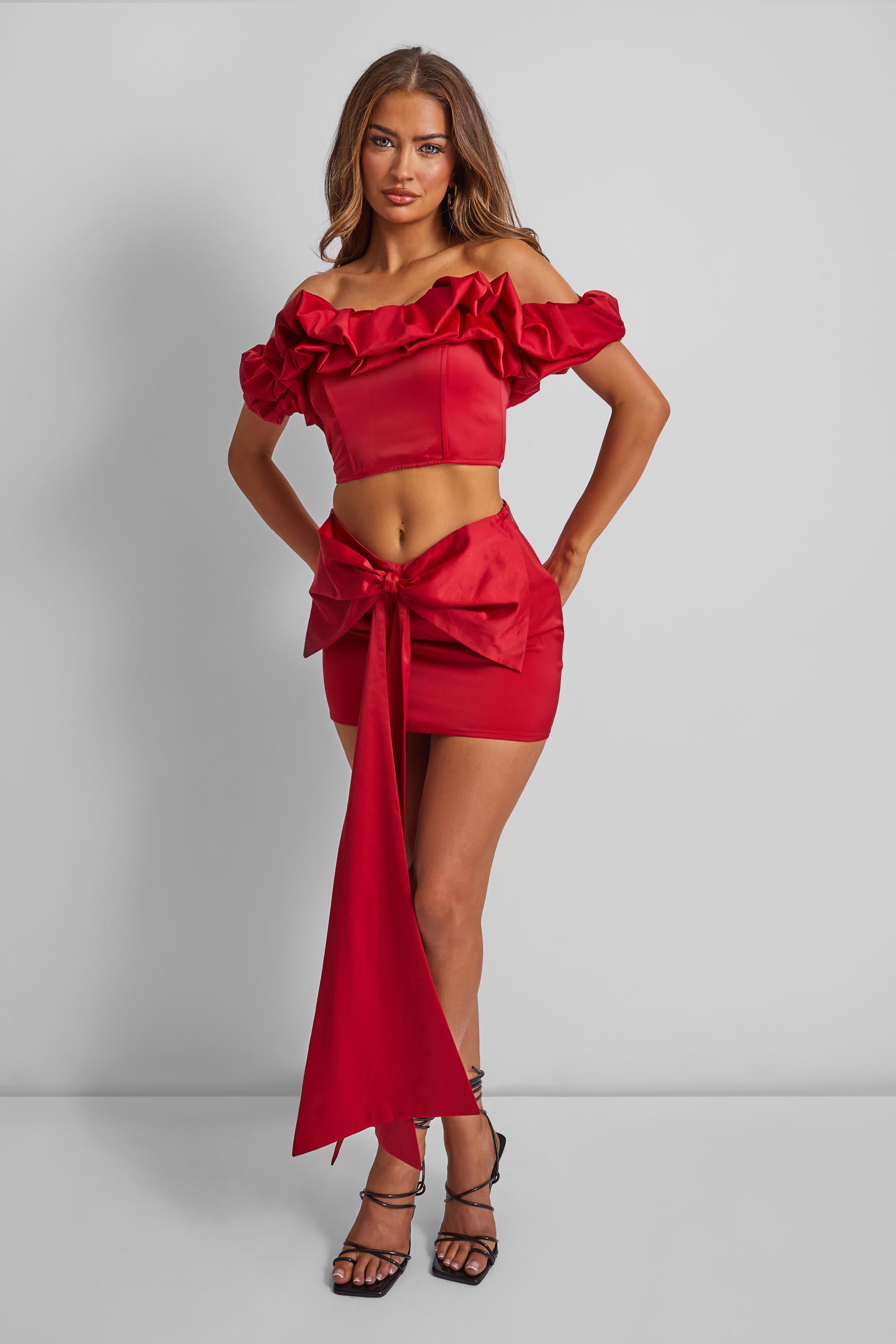 Kaiia Ruffle Bardot Top Co-ord in Red