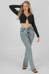 LONG SLEEVE BULLRING DETAIL CROP TOP BLACK