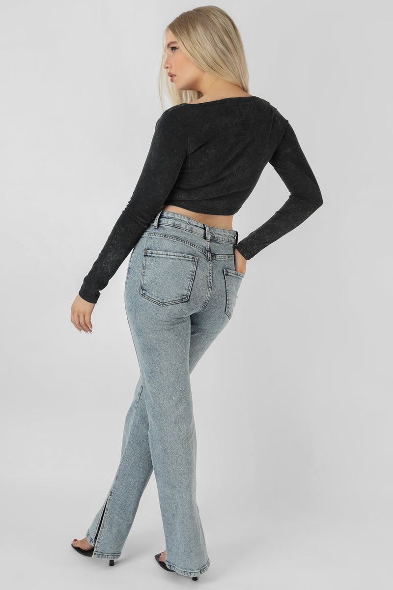 LONG SLEEVE BULLRING DETAIL CROP TOP BLACK