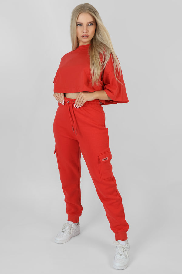 EXPOSED SEAM OVERSIZED CROPPED T-SHIRT RED