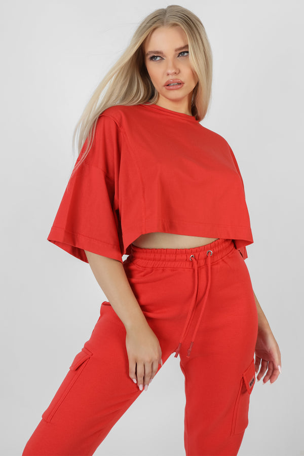 EXPOSED SEAM OVERSIZED CROPPED T-SHIRT RED