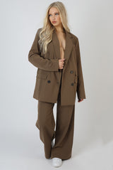 OVERSIZED LONGLINE DOUBLE BREASTED POCKET DETAIL BLAZER MUSHROOM