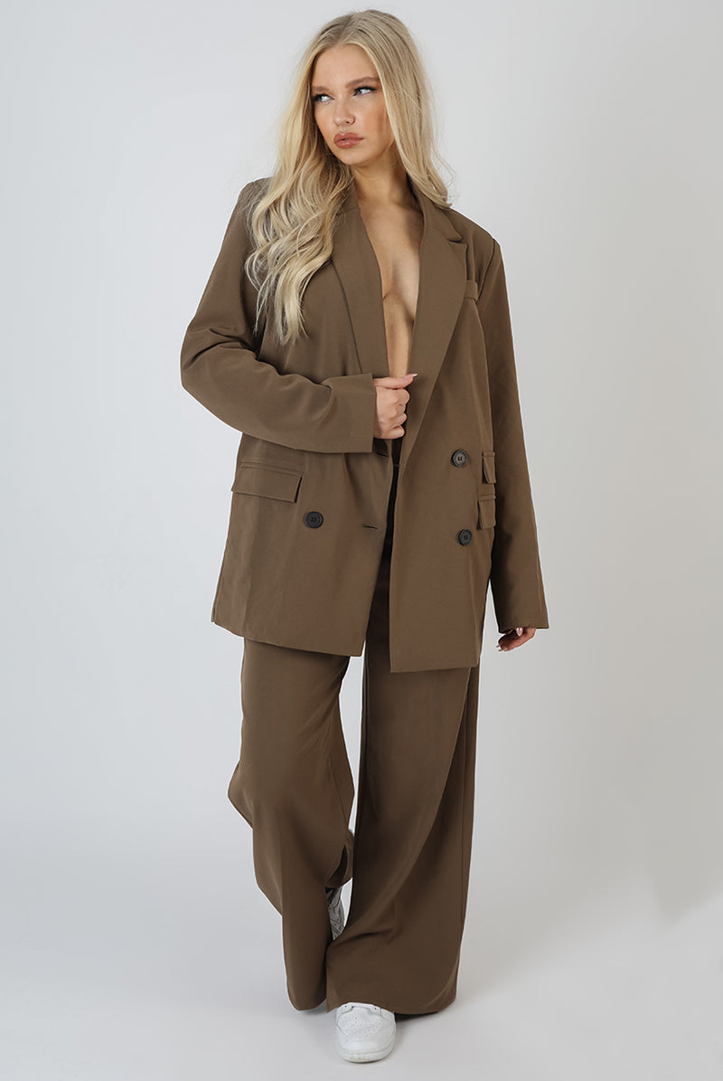 OVERSIZED LONGLINE DOUBLE BREASTED POCKET DETAIL BLAZER MUSHROOM