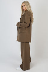 OVERSIZED LONGLINE DOUBLE BREASTED POCKET DETAIL BLAZER MUSHROOM