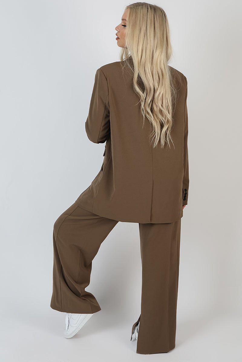 OVERSIZED LONGLINE DOUBLE BREASTED POCKET DETAIL BLAZER MUSHROOM