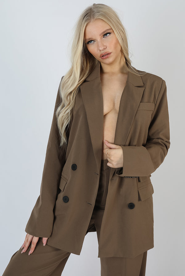 OVERSIZED LONGLINE DOUBLE BREASTED POCKET DETAIL BLAZER MUSHROOM