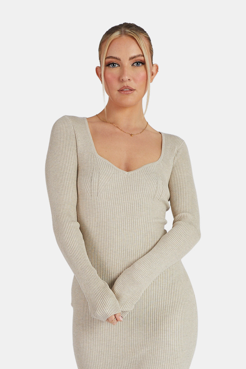 KNITTED OFF SHOULDER MIDI DRESS OATMEAL MARL