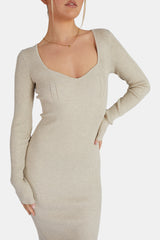 KNITTED OFF SHOULDER MIDI DRESS OATMEAL MARL