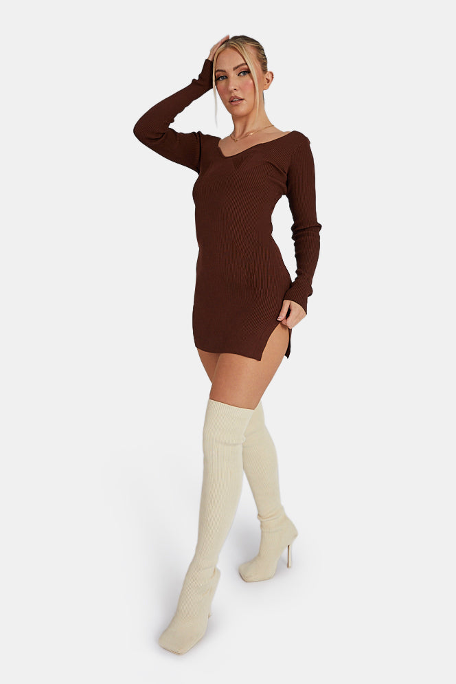 KNITTED OFF SHOULDER MINI DRESS CHOCOLATE