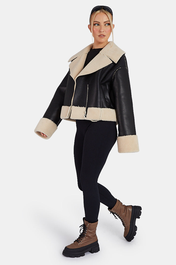 FUR LINED CROPPED AVIATOR COAT BLACK
