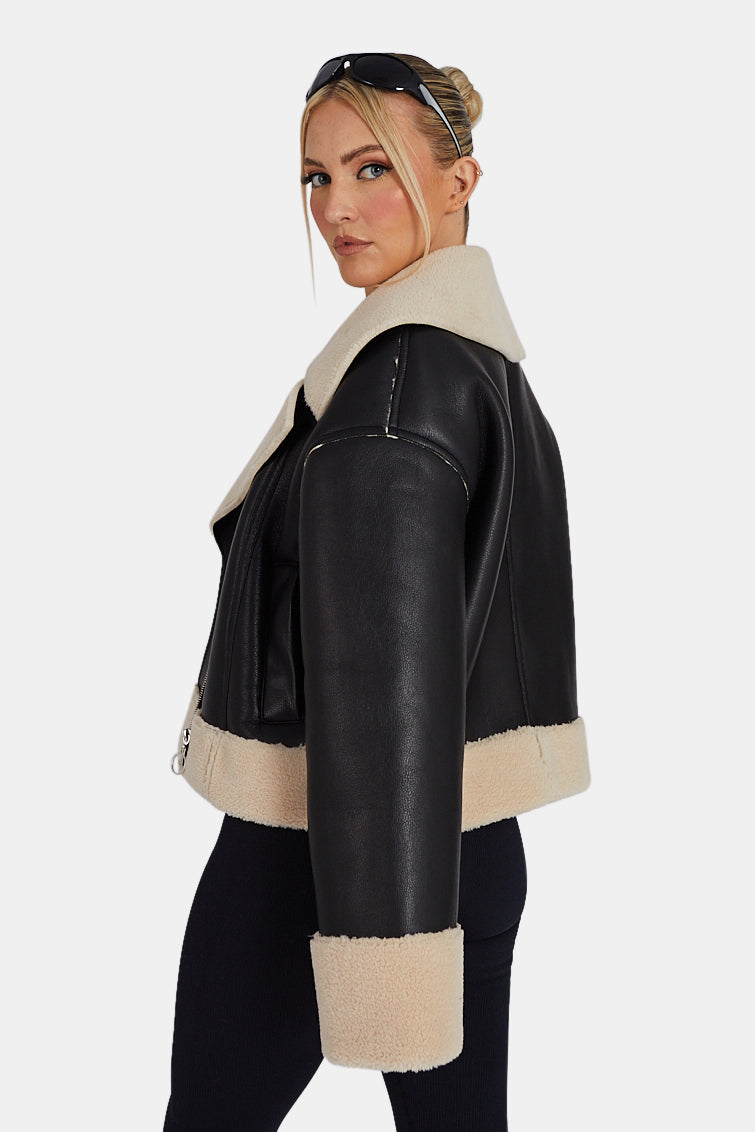 FUR LINED CROPPED AVIATOR COAT BLACK