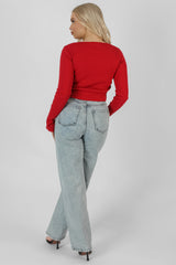 KAIIA TRIM RIBBED TOP RED