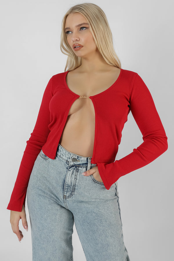 KAIIA TRIM RIBBED TOP RED