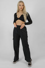 TWIST FRONT LONG SLEEVE CROP TOP BLACK