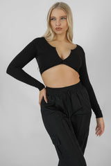 TWIST FRONT LONG SLEEVE CROP TOP BLACK