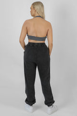 SUPER CROPPED HALTER NECK RIBBED CROP TOP DARK GREY