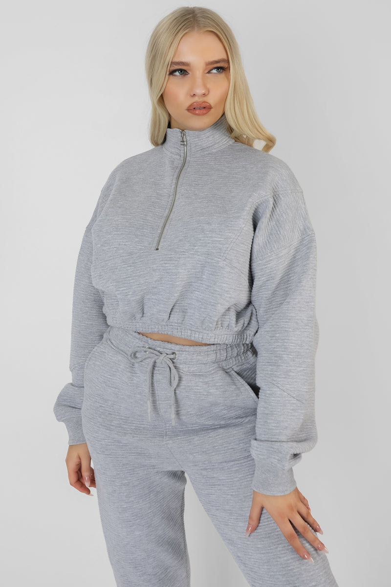HALF ZIP PULLOVER RIBBED CROPPED SWEATSHIRT GREY MARL