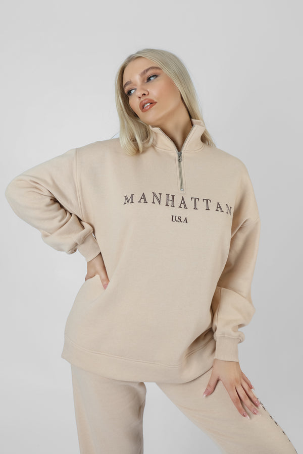 MANHATTAN HALF ZIP PULLOVER SWEATSHIRT STONE