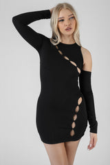 ASYMMETRIC BUTTON DETAIL MINI DRESS BLACK