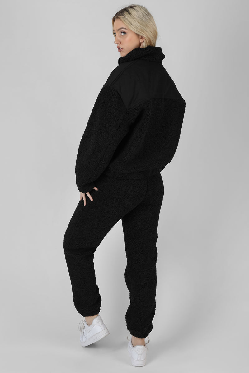 HALF ZIP CONTRAST BORG PULL OVER BLACK