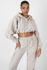 CORD CROPPED HOODIE ECRU