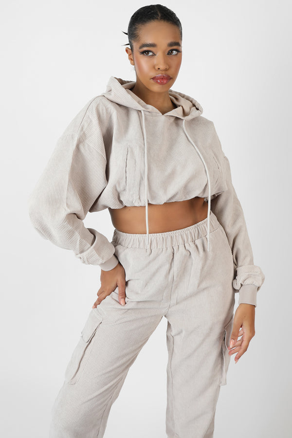 CORD CROPPED HOODIE ECRU