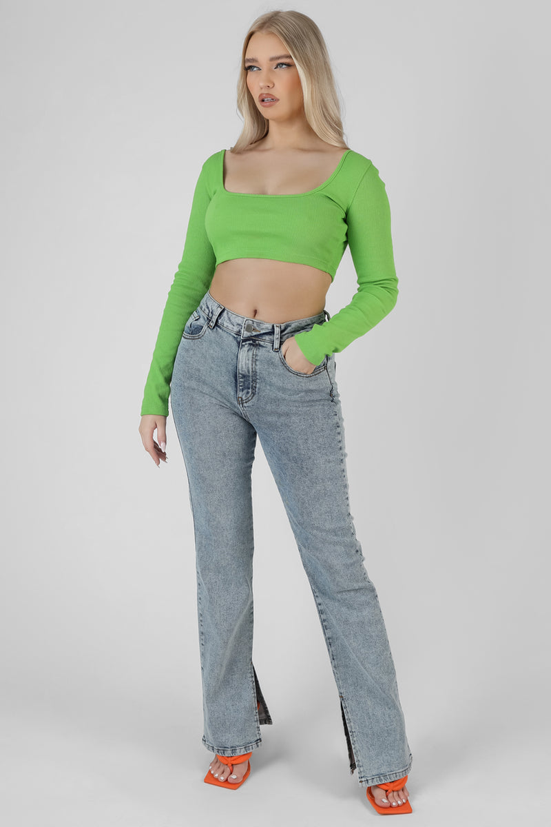 LONG SLEEVE SQUARE NECK CROP TOP GREEN