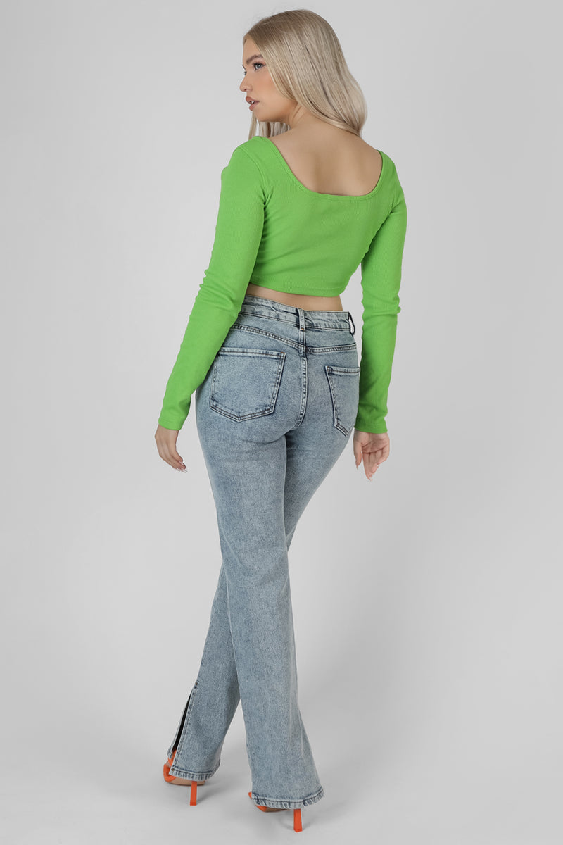 LONG SLEEVE SQUARE NECK CROP TOP GREEN