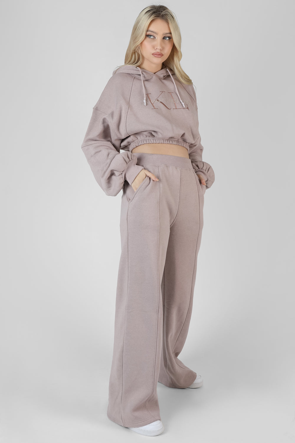 CROPPED TONAL EMBROIDERY HOODIE ASH