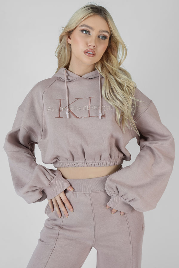 CROPPED TONAL EMBROIDERY HOODIE ASH