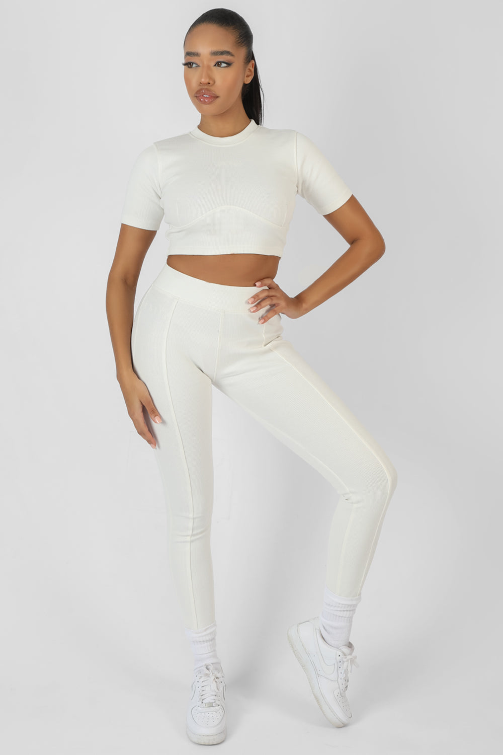 KAIIA SEAM FRONT RIBBED LEGGINGS WHITE