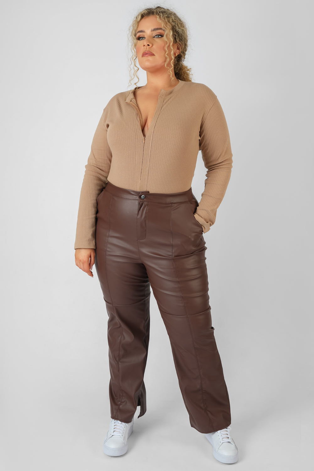 CURVE ZIP FRONT RIBBED BODYSUIT LIGHT BROWN