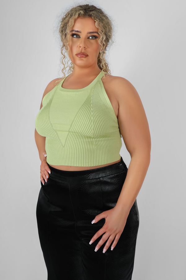 CURVE HIGH NECK KNITTED RACER CROP TOP LIME