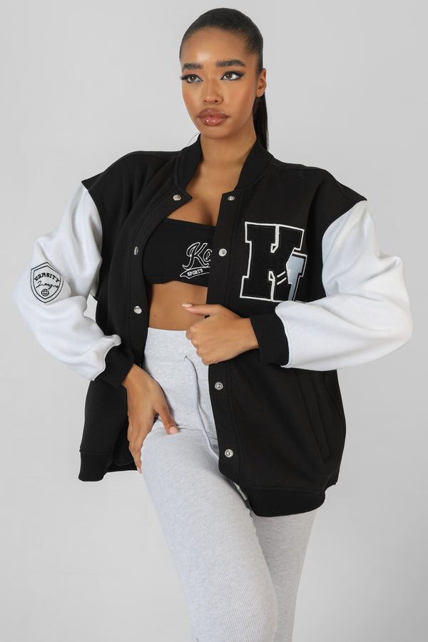 CONTRAST SLEEVE VARSITY JACKET BLACK