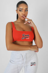 VARSITY EMBROIDERY CROP TOP FLAME RED