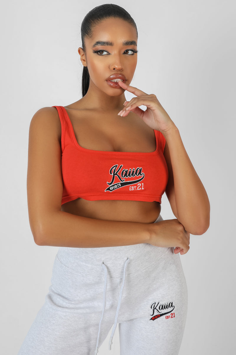 VARSITY EMBROIDERY CROP TOP FLAME RED