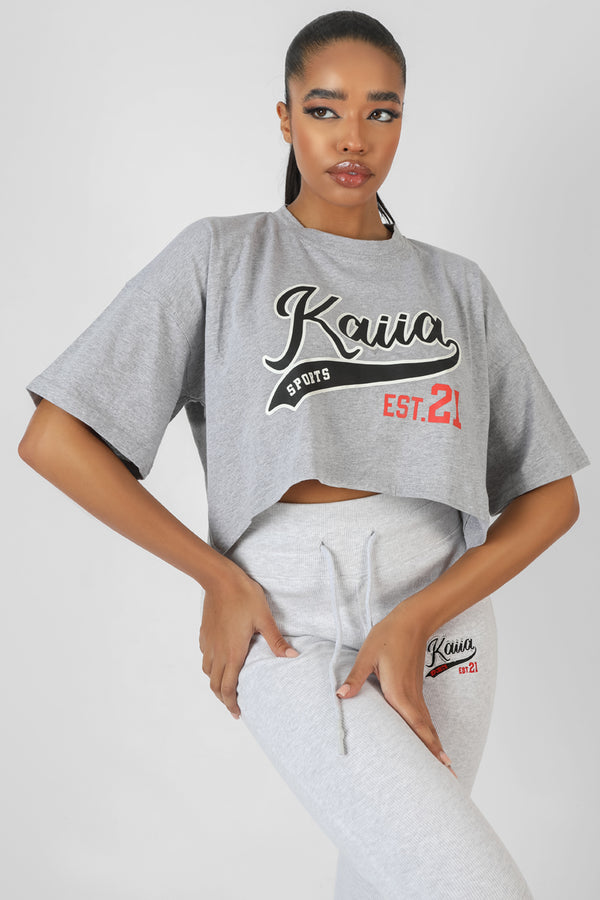 VARSITY EMBROIDERY CROPPED T-SHIRT GREY MARL