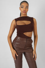 ASYMMETRIC CUT AWAY BODYSUIT CHOCOLATE