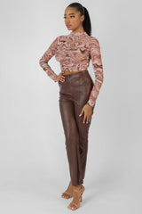 PRINTED MESH RUCHED FRONT CROP TOP BROWN
