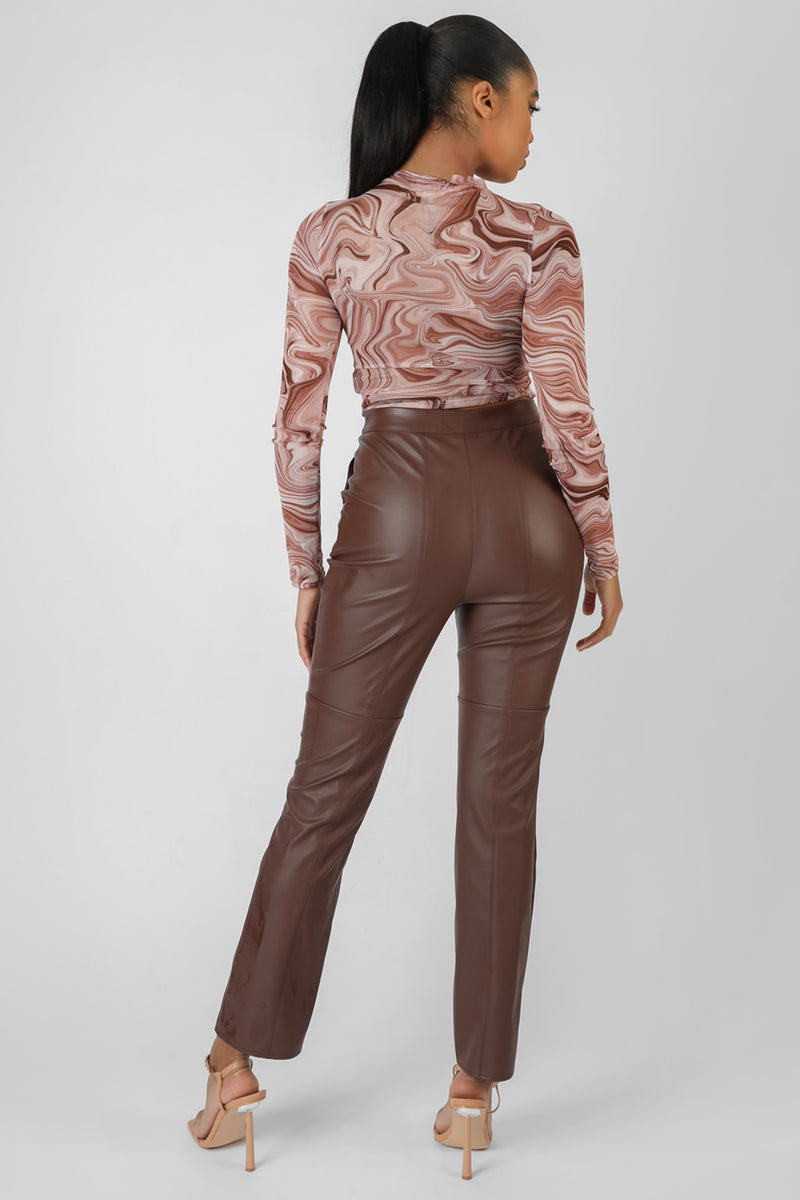 PRINTED MESH RUCHED FRONT CROP TOP BROWN