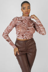 PRINTED MESH RUCHED FRONT CROP TOP BROWN