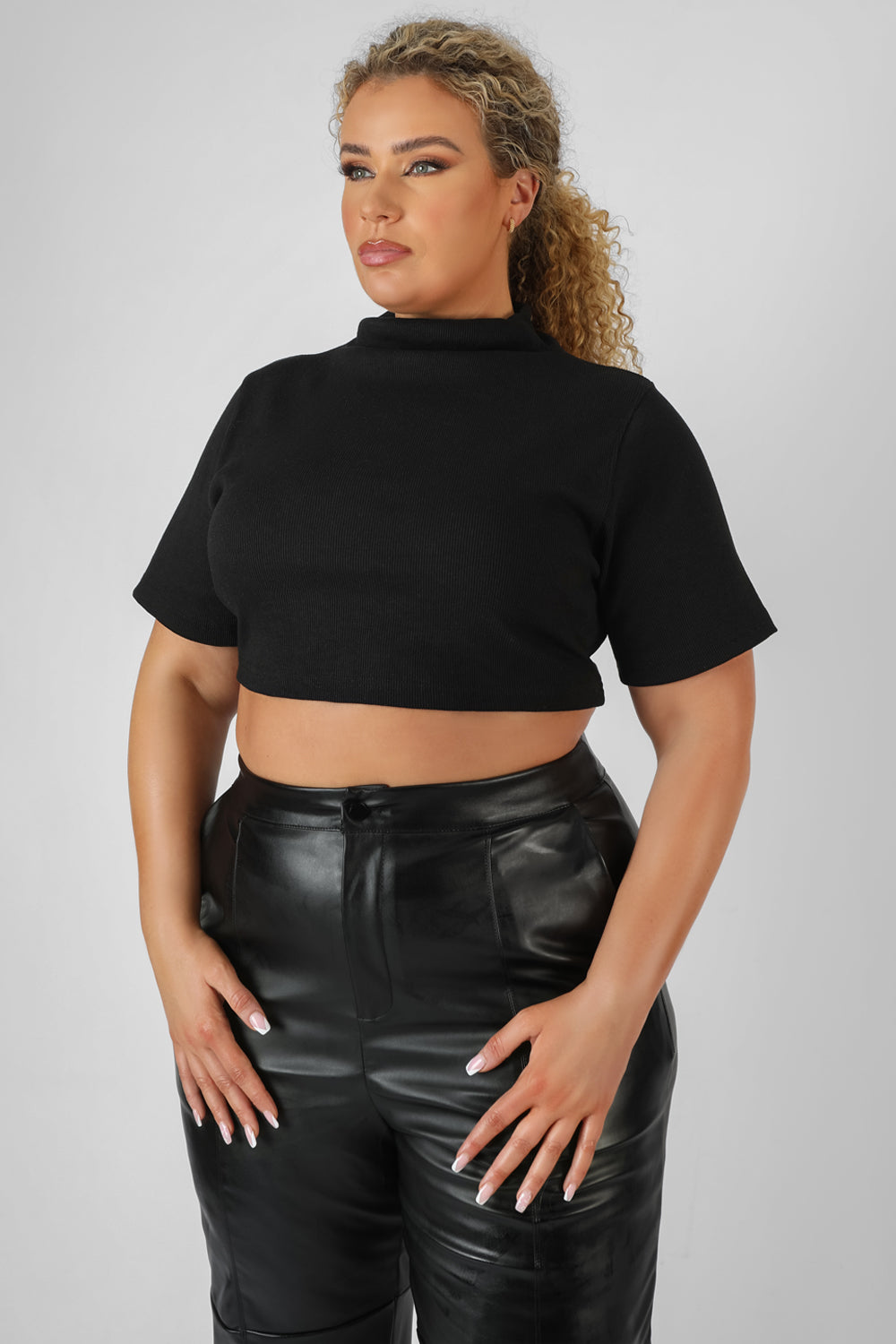 CURVE HIGH NECK RIBBED CROPPED T SHIRT BLACK
