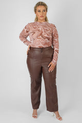 CURVE PU SEAM FRONT SPLIT DETAIL TROUSERS CHOCOLATE