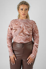 CURVE PRINTED MESH HIGH NECK BODYSUIT