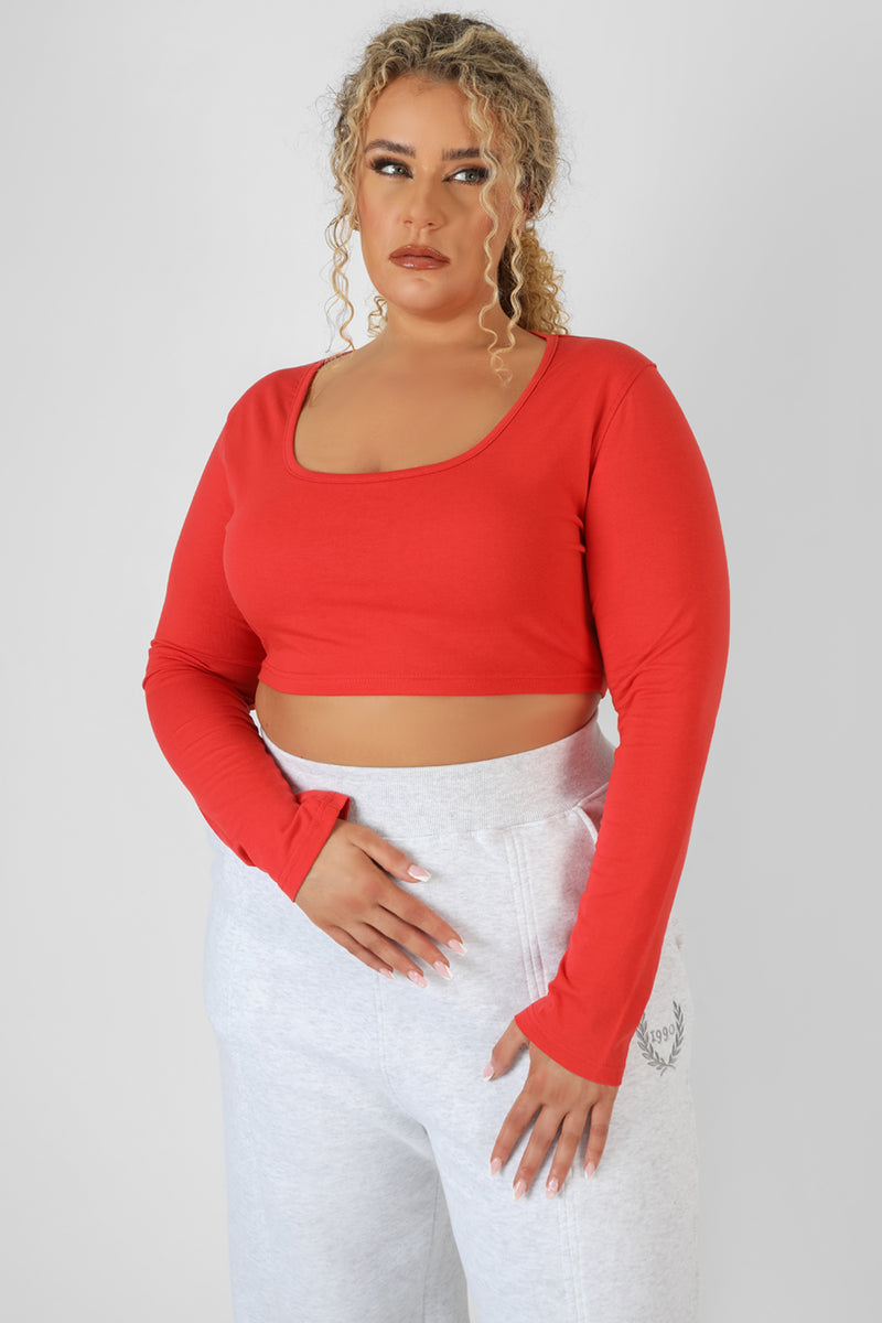 CURVE SCOOP NECK LONG SLEEVE CROP TOP RED